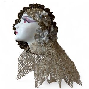 Vintage Art Deco Porcelain Cameo Face Brooch Lace Draped Baroque Romanticcore